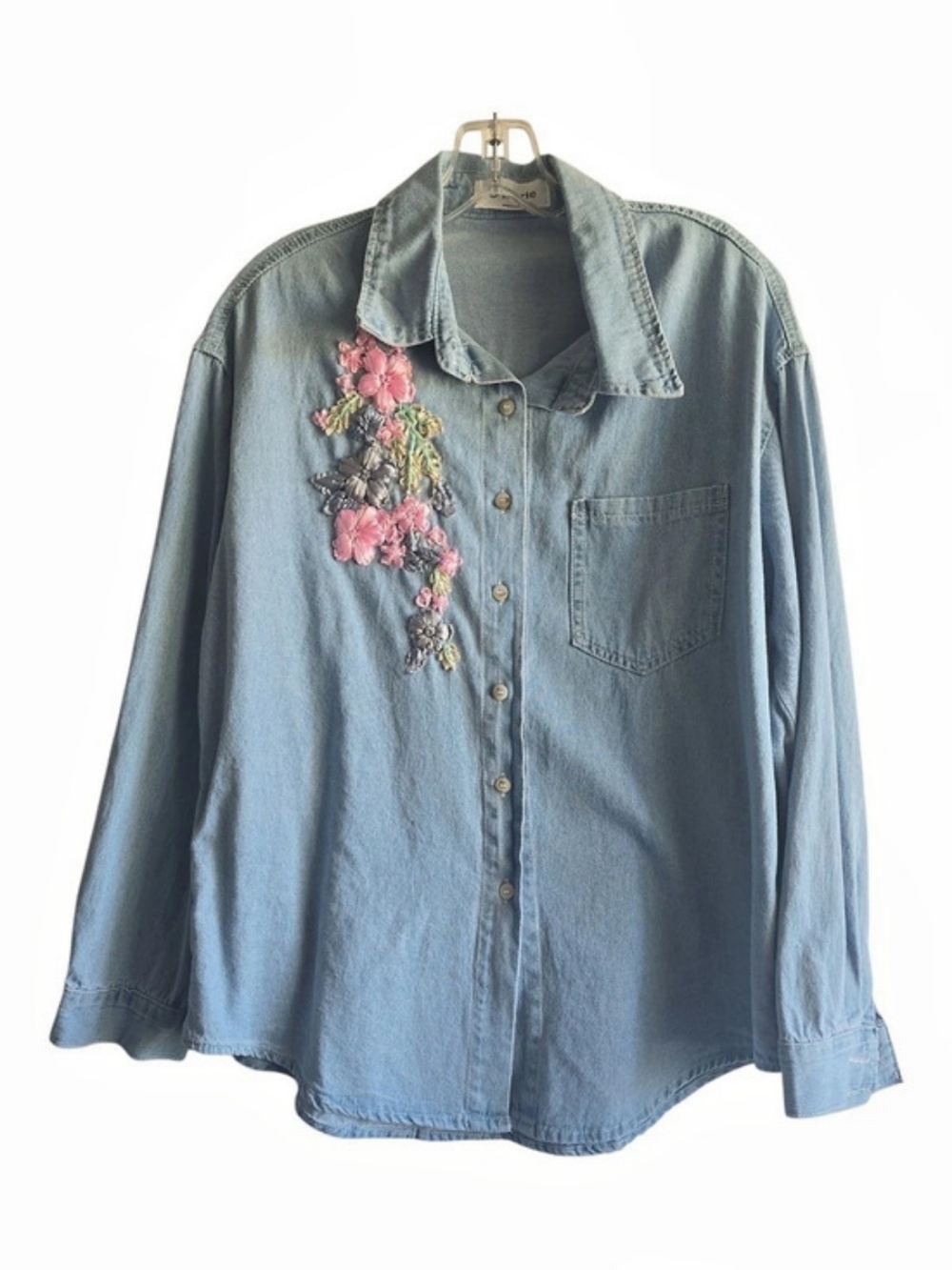 Korean Design Floral Ribbon Embroidered Soft Denim Chambray Button Down Shirt